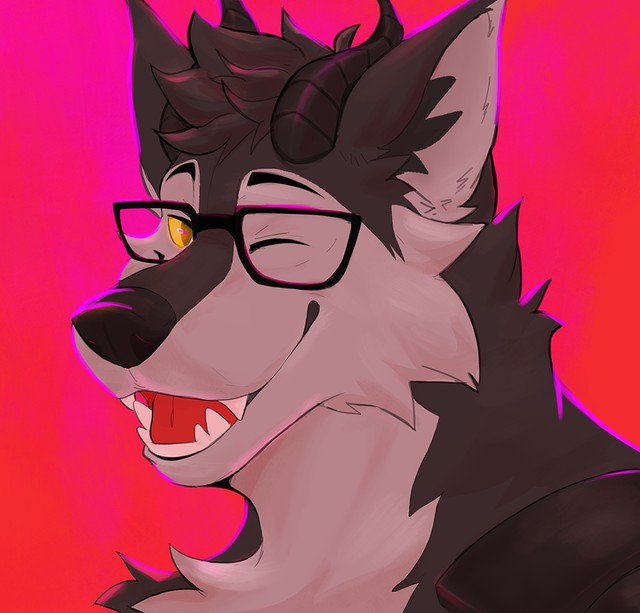 Eric, a smiling dark-furred Drolf with horns and glasses, winking against a pink background.